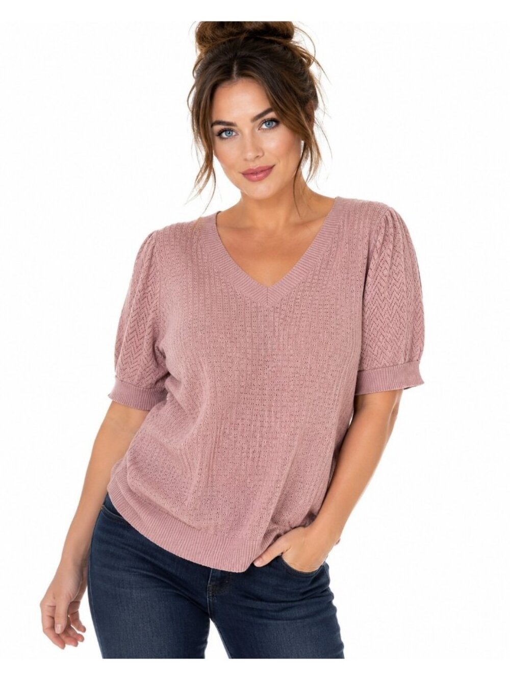 DR2 Womens 2X Dusty Pink Pointelle Knit Puff Sleeve V Neck Sweater Top